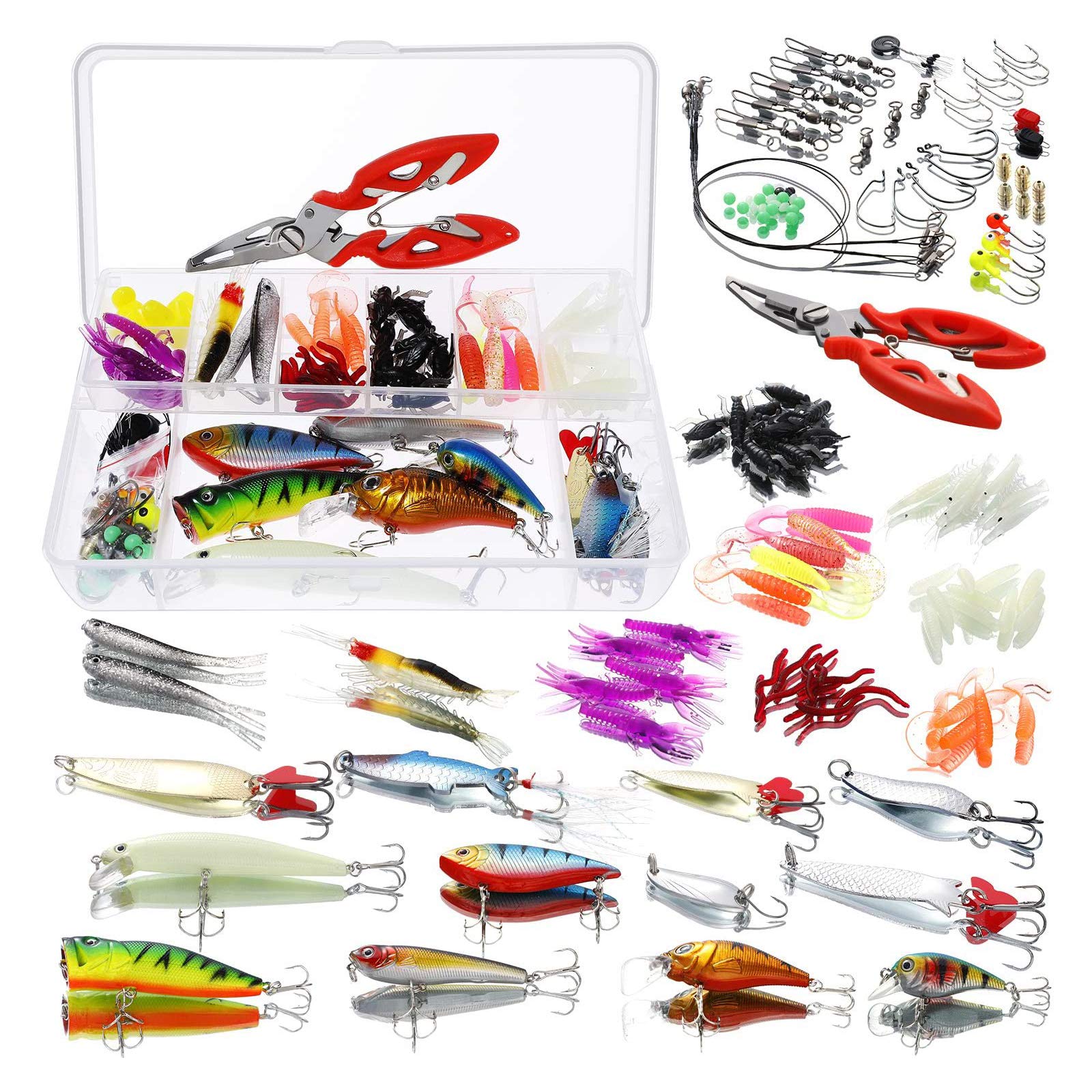 Homealexa 123PCS Fishing Lures Set, Mixed Tackle with Floating Lures, Hooks, Spinners & Treble Hooks, Storage Box Included