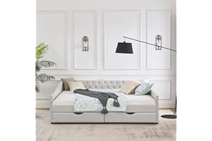 LUSPAZ Queen Size Upholstery Daybed with 2 Drawers and Headboard, Mid-Century Style Tufted Sofa Bed with Button on Back, Easy Assembly, No Box Spring Required, for Living Room and Bedroom, Beige
