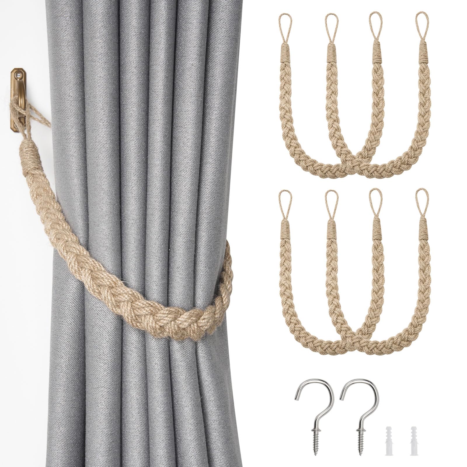 Pretty Jolly 4 Pack Natural Jute Rope Curtain Tiebacks Boho Rustic Style Decorative Drape Tie Backs Elegant Hand-Woven Rope Curtain Holdbacks with Metal Hook for Home & Office Drapery (Jute-Twist)