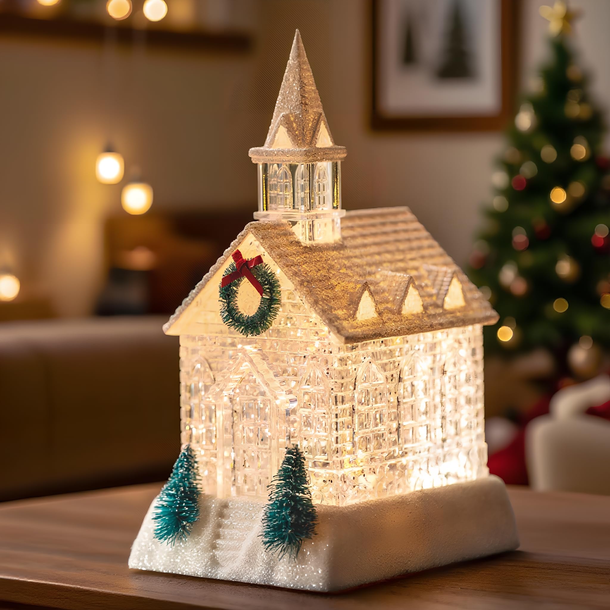 Christmas Lighted Church Water Lantern Snow Globe