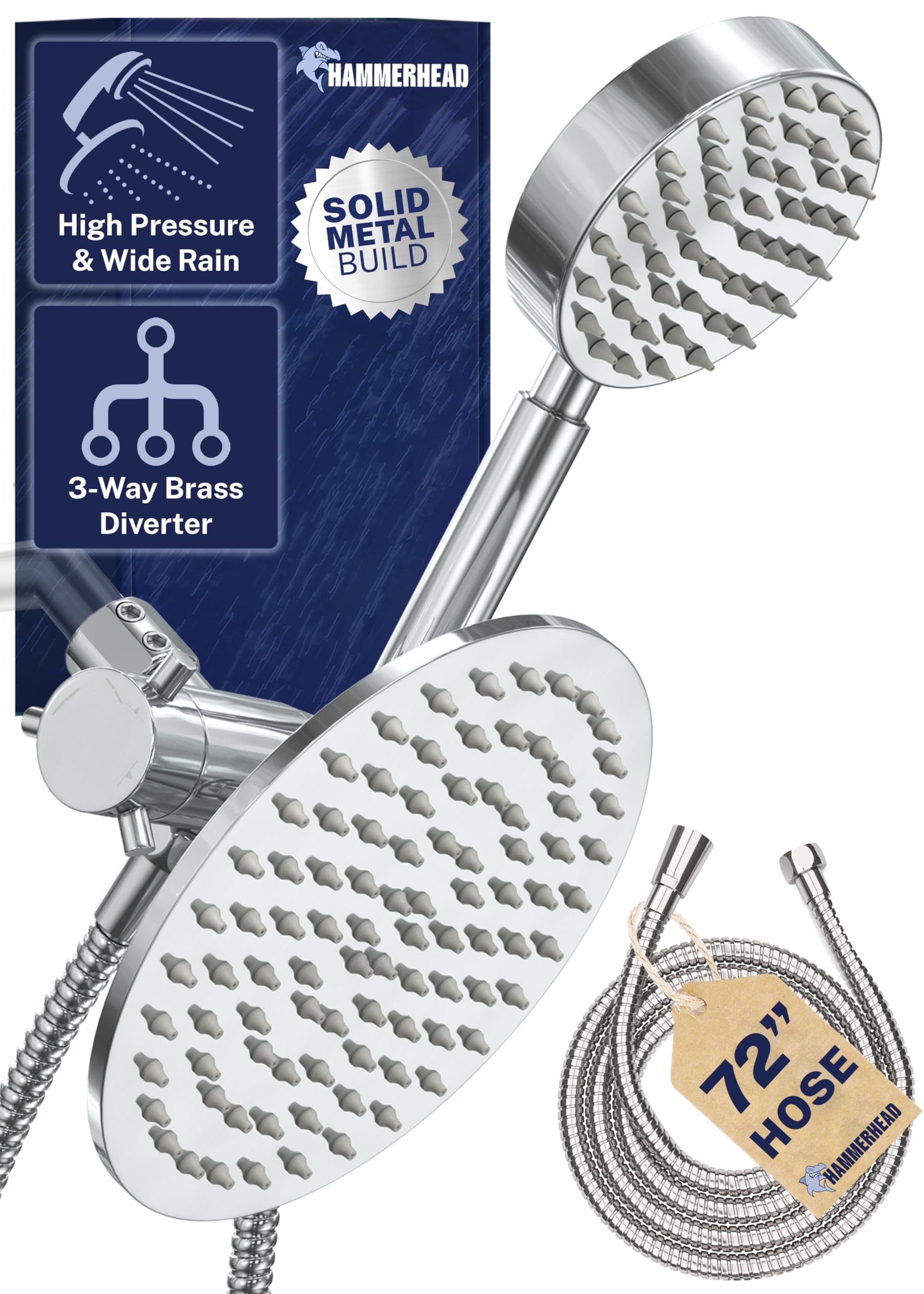 All Metal Dual Shower Head Combo – Chrome - 8 Inch Rainfall High Flow Shower Head & Handheld Shower Head High Pressure with Hose 6ft - Hotel-Like Luxury Double Shower Heads with Rain Shower Sprayer