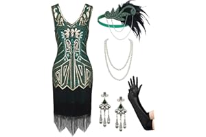SWEETV Women's Vintage Flapper Dress 1920s,Great Gatsby Sequin Fringe dresses with 20s Accessories Set For Party Prom