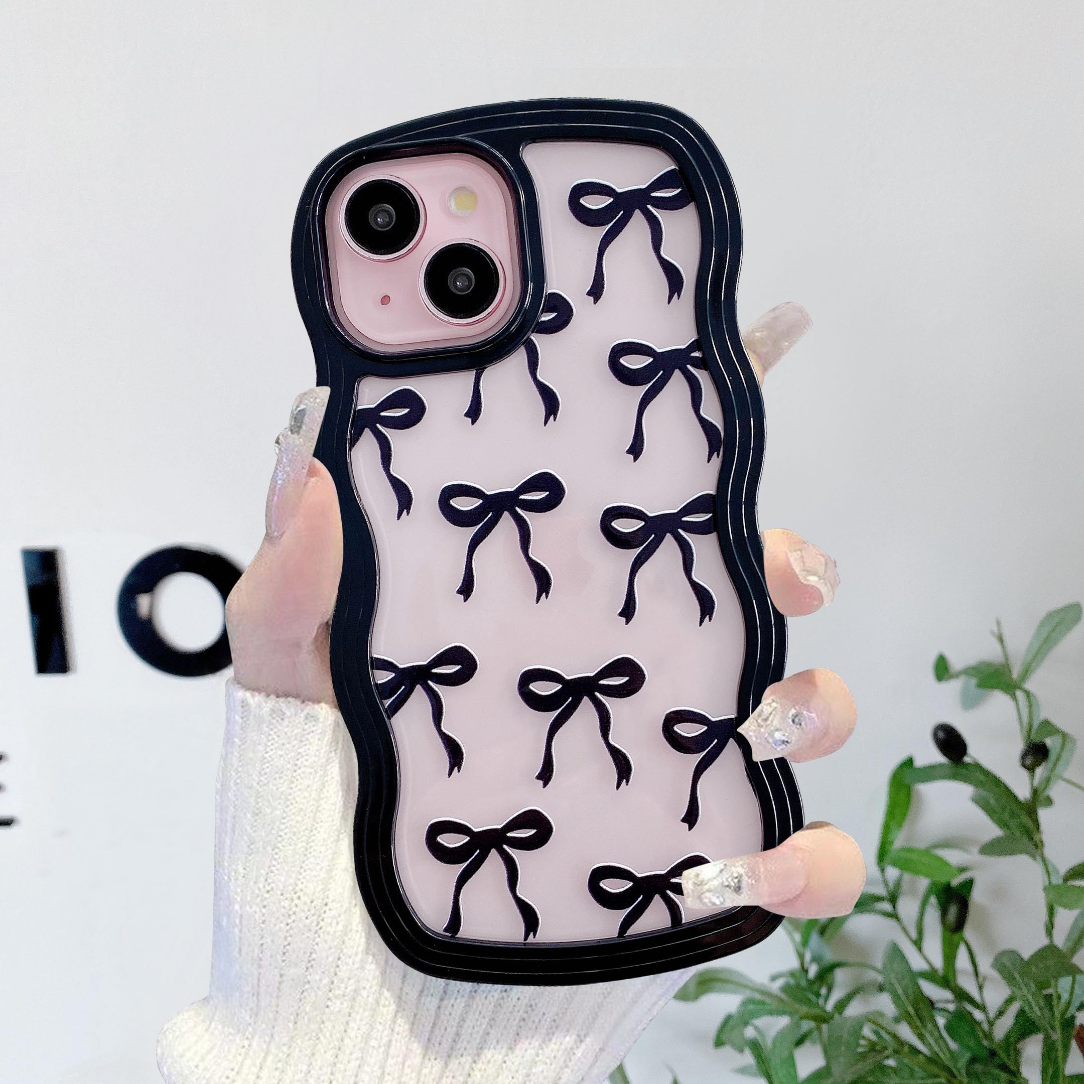 QLTYPRI Cute Bow Case for iPhone 14 Plus/iPhone 15 Plus, Clear Ribbon Bow Pattern Curly Wave Edge Aesthetic Transparent Phone Case, Slim Shockproof Protective Phone Cover for Women Girls - Black