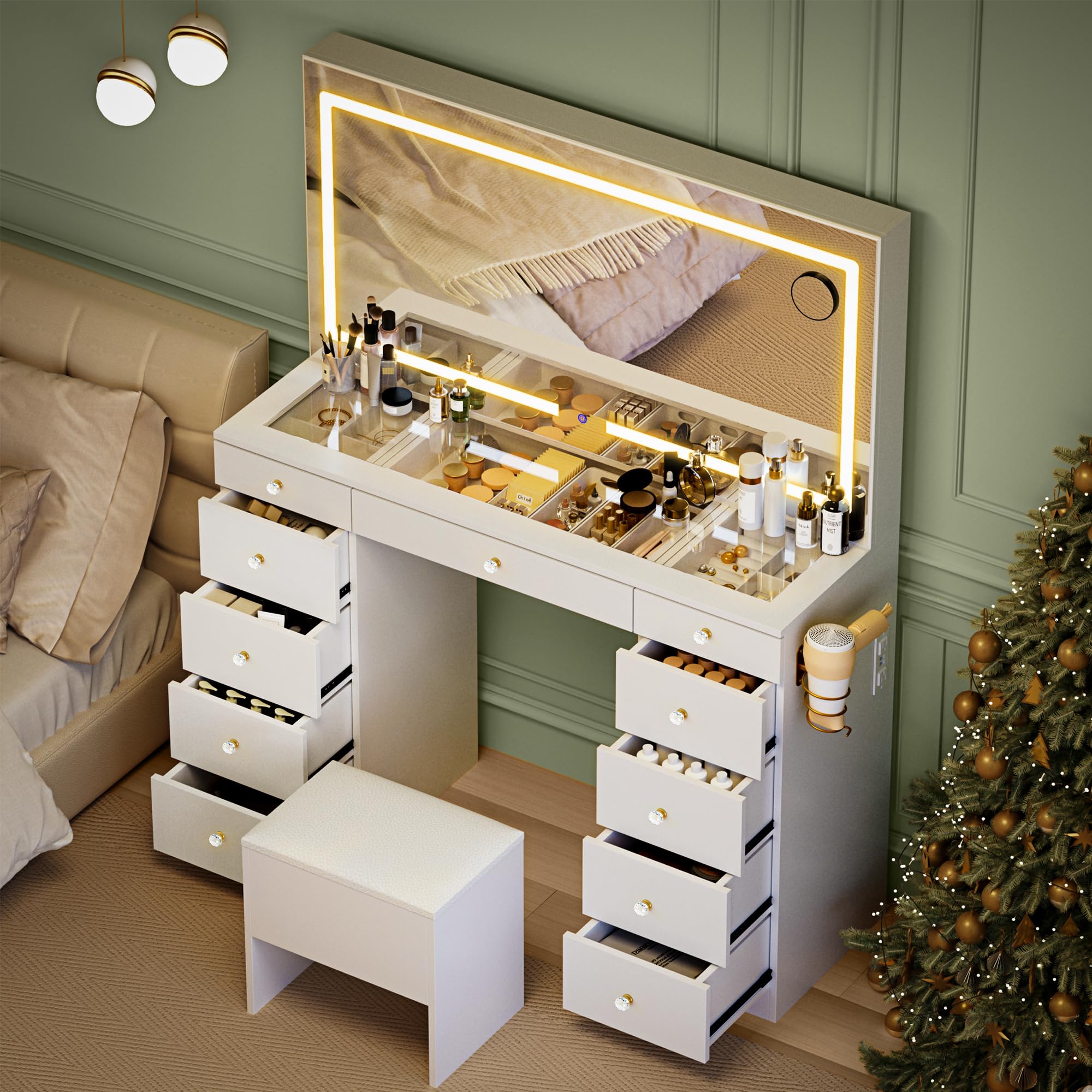 Photo 1 of FOR PARTS ONLY - Fkhouse 11 Drawers Glass Top Vanity Desk with Chair, Crystal Handles Makeup Vanity with Mirror and Lights, Dressing Table with Power Outlet, Adjustable Lighting Modes, White