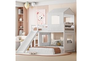 Merax Twin Over Full House Bunk Beds with Full Size Bottom Platform Bed Frames and Slide, White
