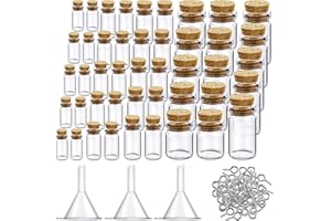 Sherli 45 Pcs Small Mini Glass Bottles with Cork Stoppers Small Glass Jars with Lids Tiny Spell Jars with 50 Eye Screws and 3 Funnels for DIY Art Craft(0.5ml, 1ml, 3ml, 5ml, 10ml)