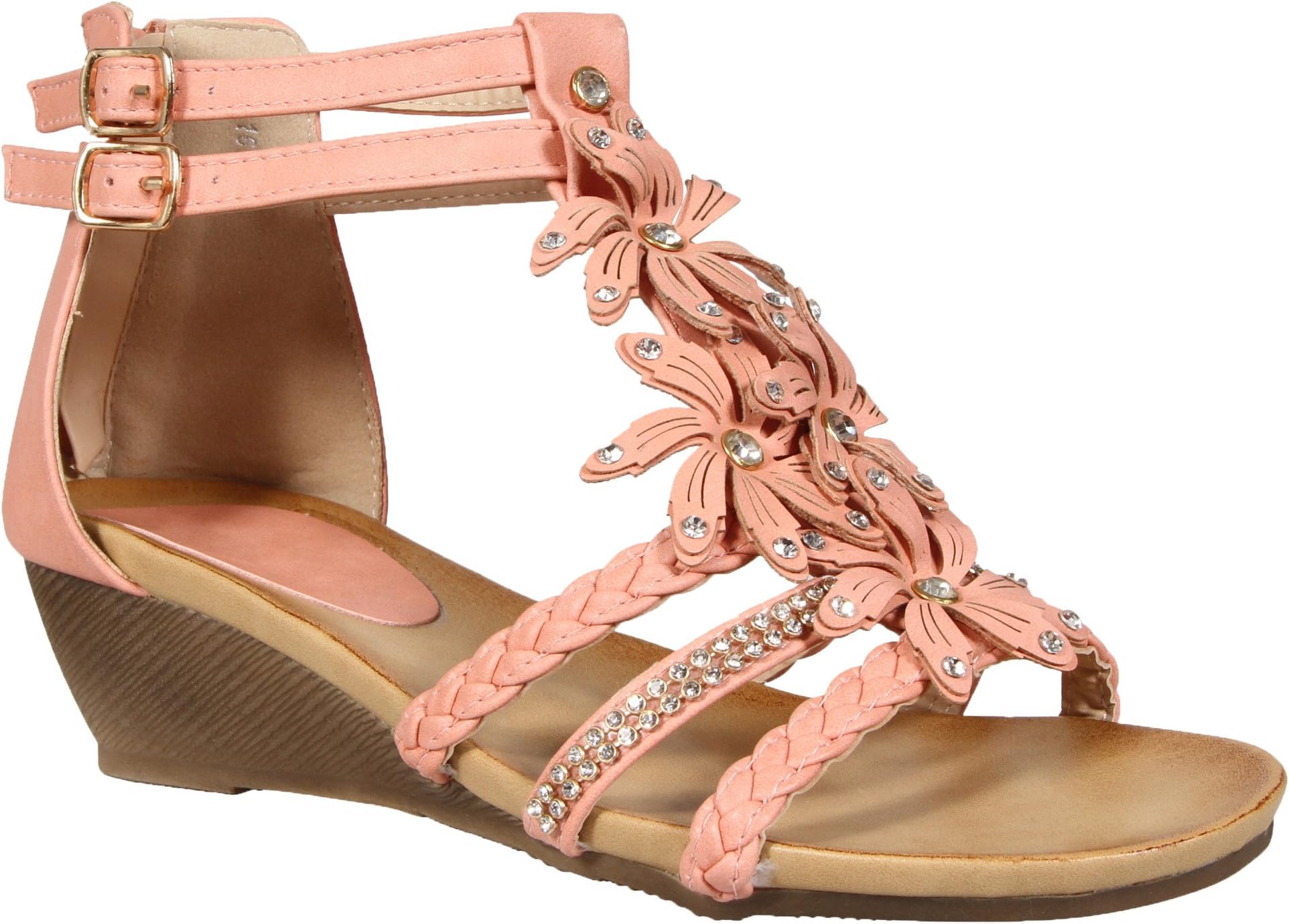 MyShoeStore® Ladies Womens Gladiator Sandal Strapy Wedge Summer Flower Beach Sandals Low Heel Back Zip Shoes Size 3-8