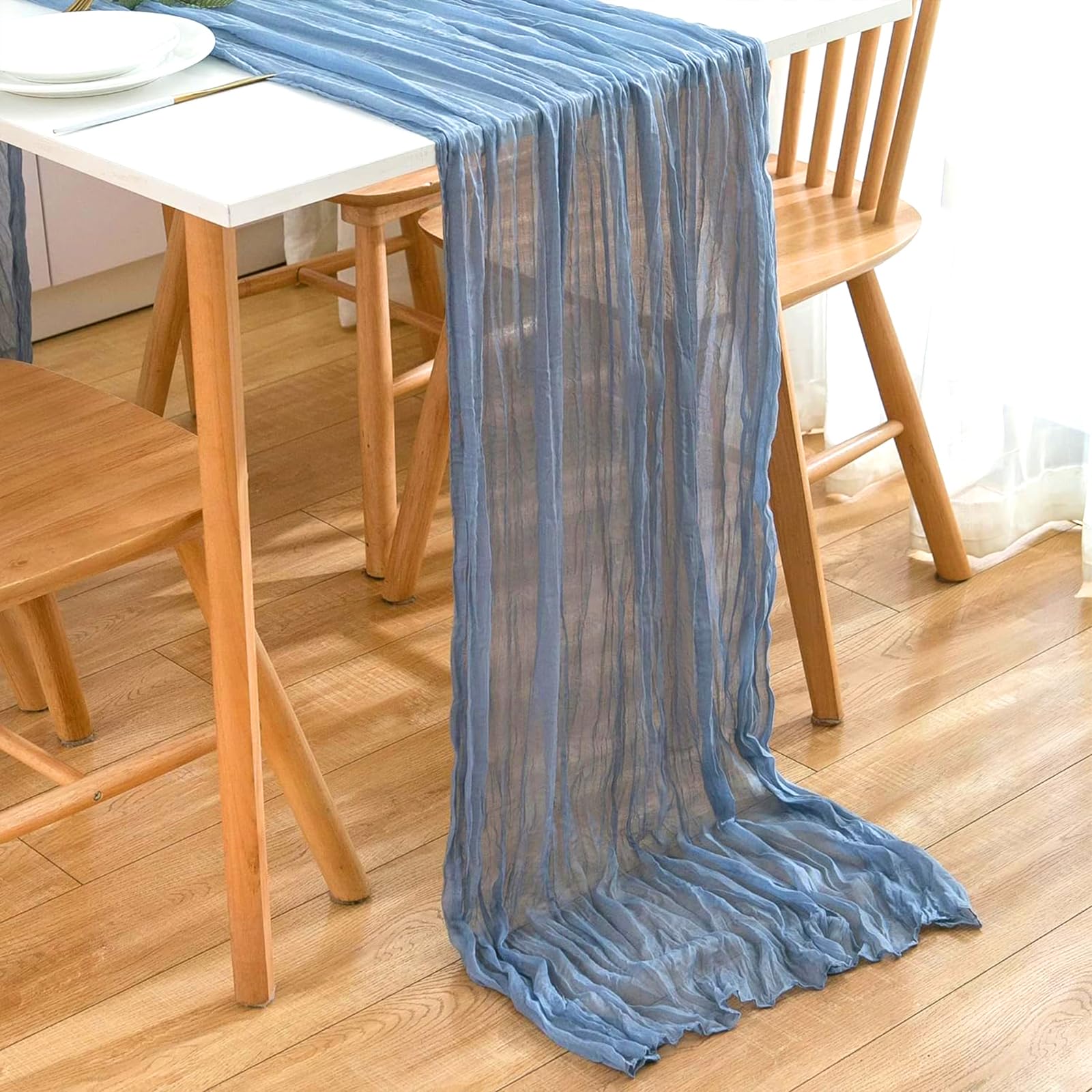 PAITOK Cheesecloth Table Runner,90 * 300 CM Boho Gauze Fabric Tablecloth Rustic Table Cover Muslin Decorative Fabric for Wedding Baby Shower Party Table Decoration(Blue)
