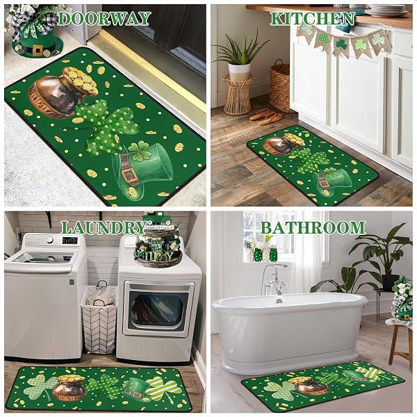 NOULMEA ST. PATRICK’S DAY CLOVER KITCHEN RUGS SET OF 2, IRISH SHAMROCK POLKA DOT STRIPED & POT OF GOLD COIN PRINT FLOOR DOOR MAT HOME DECORATIONS 17″X47″+17″X30″