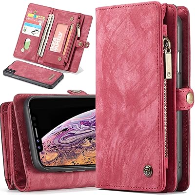Wallet Case iPhone X/Xs/XR/Xs Max 2-In-1 Magnetic Zipper Purse Detachable Slim Folio Cover 11 Card Slots 3 Cash Pocket