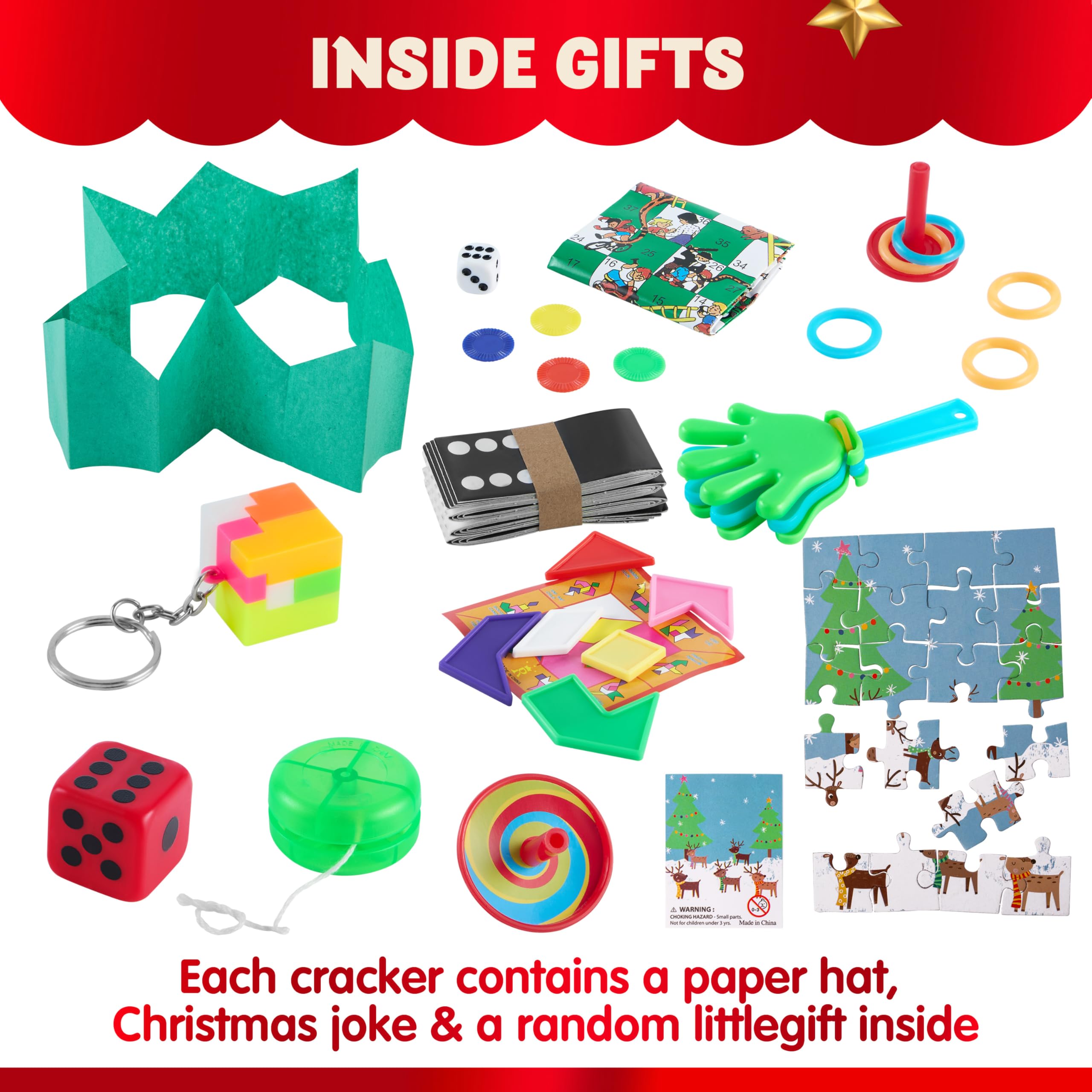 JOYIN 10 Pack Christmas Non-Snap Party Favor with Cute Characters, Includes Party Hat, Joke & Gift, Christmas Table Decorations for Holiday Dinner Traditions Supplies, Stocking Stuffers for Kids
