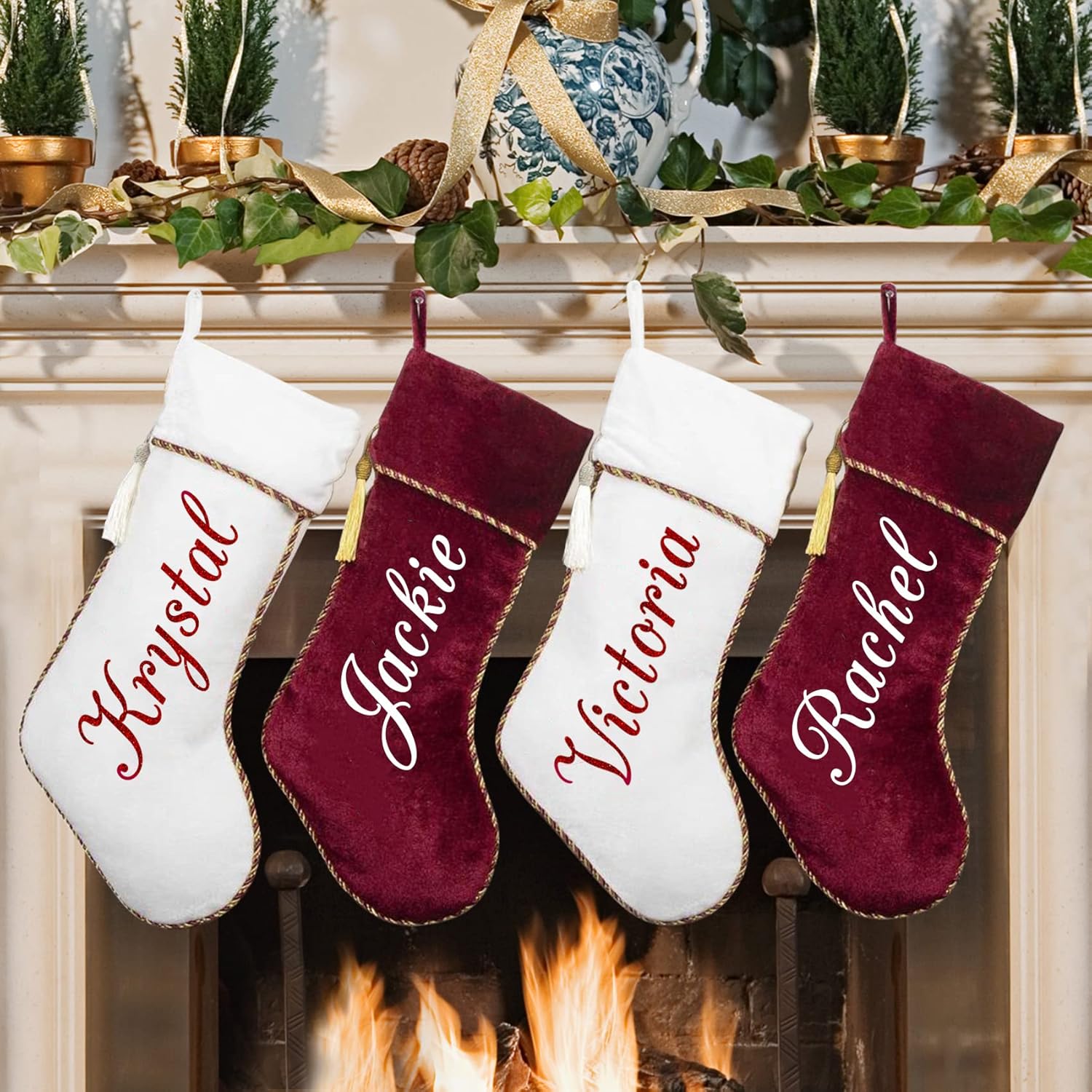Stockings & Holders - Ugiftcorner Personalized Christmas Stockings 4 Pack White and Red Christmas Stockings Velvet Stockings with Tassel for Family Kids Large Christmas Stockings Xmas Farmhouse Fireplace Hanging