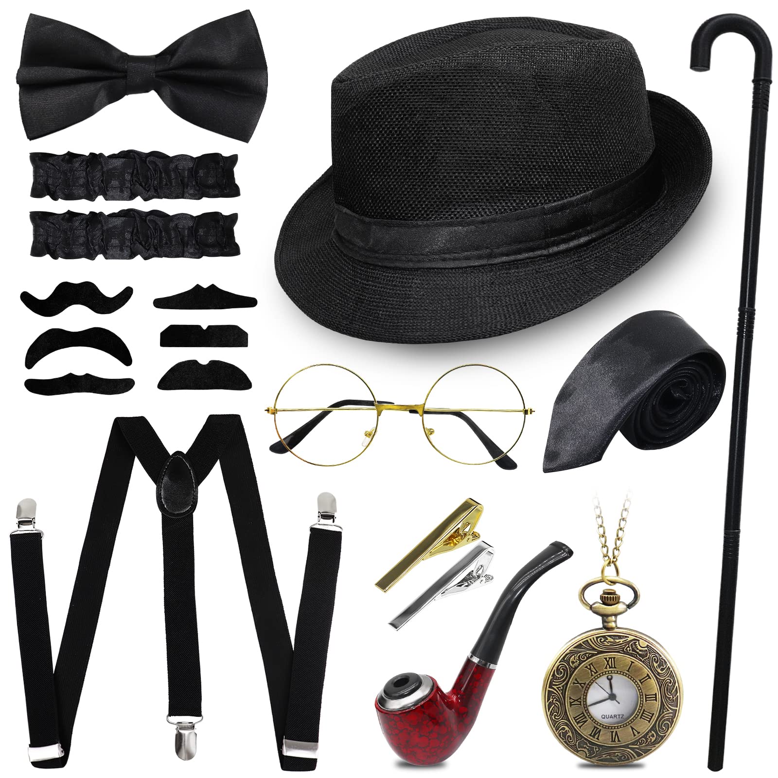 Grantop 11PCS Gatsby Costume Accessories Set,Roaring Retro Gangster Costume Vintage 1920s Men Costume Accessories Hat, Glasses, Tie Clip, Tie, Bow, Sleeve, Beard, Pipe, Pocket watch, Cane, Suspender — image 1