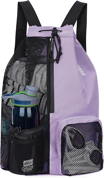 WANDF Swim Bag Mesh Drawstring Backpack Wet Pocket Purple