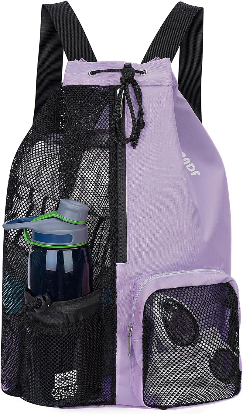 WANDF Swim Bag Mesh Drawstring Backpack Wet Pocket Purple