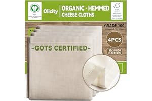 Organic Cheese Cloths, GOTS Certified, 4Pack, Grade 100, 20x20Inch Reusable Hemmed Precut Cheesecloth for Straining,Unbleache
