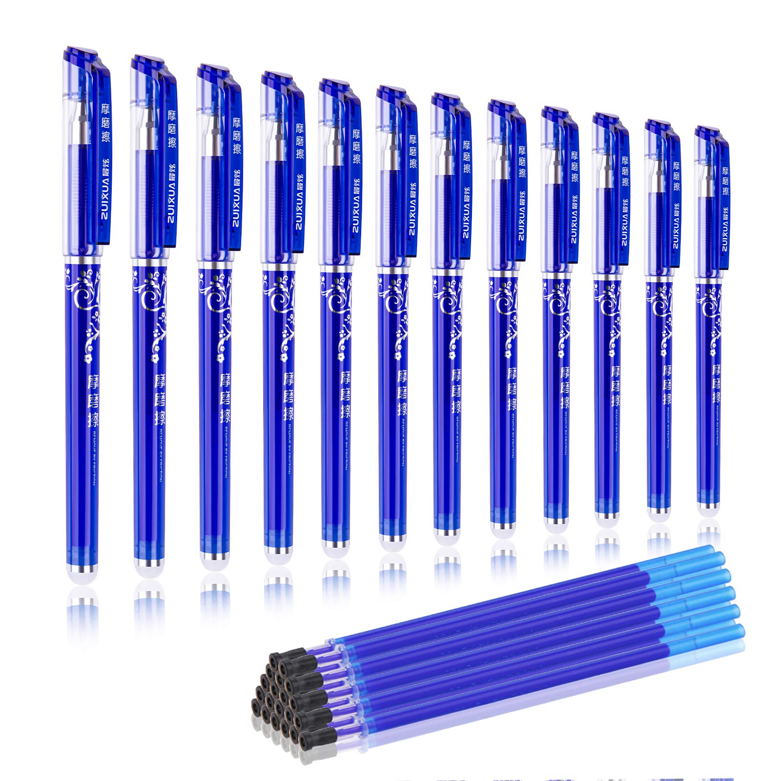 BBLIKE Friction pens, 12PCS Erasable Rollerball Pen and 20 Ballpen Refills,More Ink Rub Out Pens Gel Ink Ballpoint Pen 0.5 mm Tip (blue)