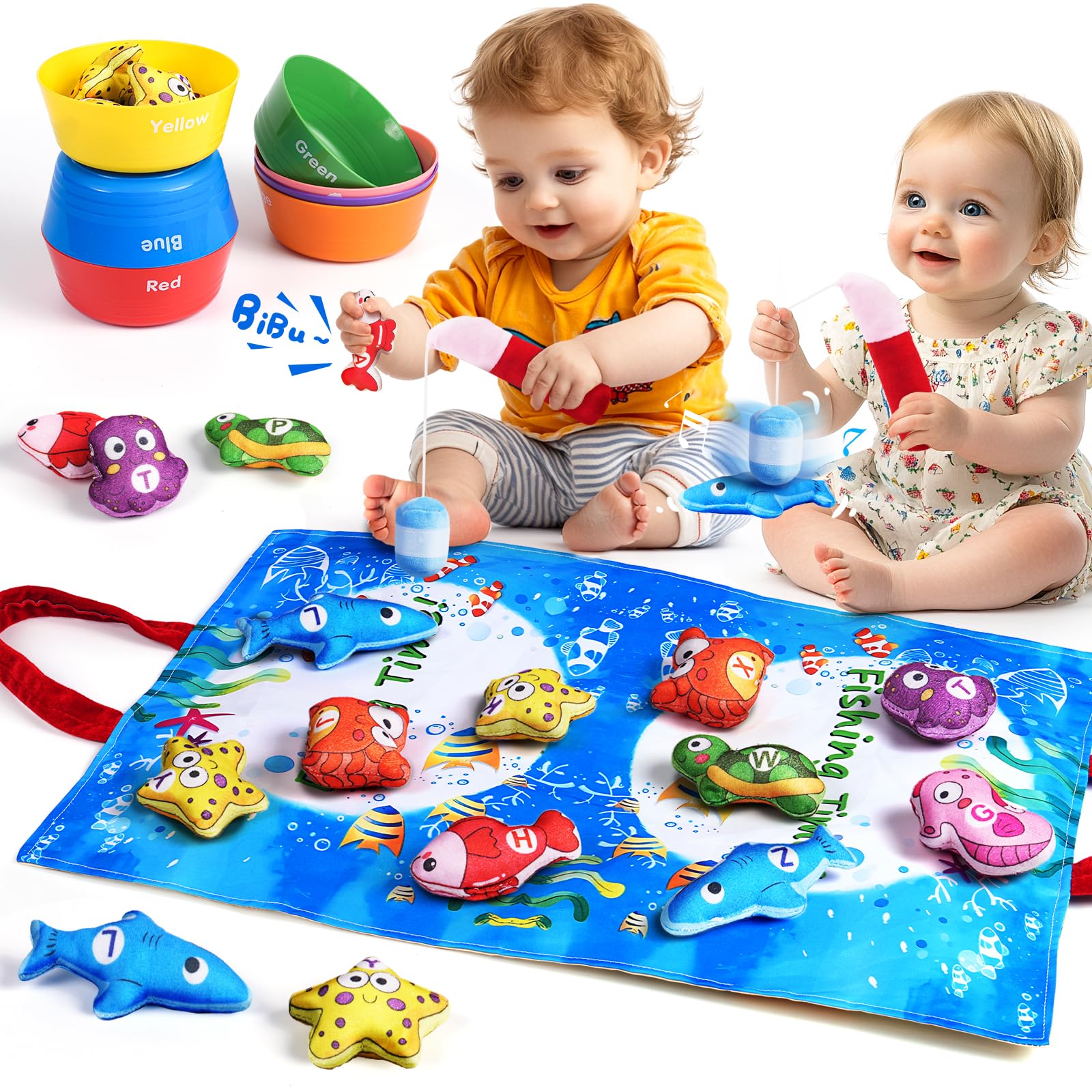 Yeeammk Montessori Toy for 1 2 3 Year Old Toddlers, 36PCS Fishing Game with Cloth Alphabet & Sea Animals, 2 Rods, 7 Color Sorting Bowls, Fine Motor Skill Toys, Shape Learning Baby Gifts for Boys Girls