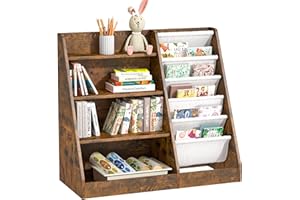 HedoAjim Kids Bookshelf for Bedroom Toddler Children Baby Bookcase 4-Tier for Nursery Book Toy Storage Organizer 5 Sling Book Display Shelf Book Rack Wood Classroom Playroom Rustic Brown