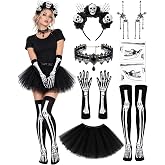 11Pcs Halloween Skeleton Costume Accessories for Women with Tutu Skirt | Cosplay Dress Up Outfit Set with Tutu, Skeleton Gloves Knee-High Socks Skull Headband Earrings, Choker & Temporary Tattoos
