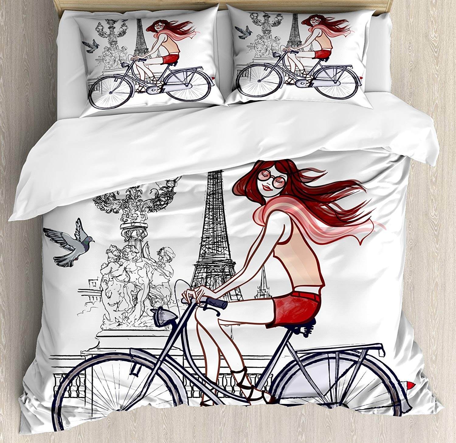 Eiffel Tower 3 Pieces Duvet Cover Set, Illustration of a Woman on Alexander III Bridge in Paris Riding a Bike, Decorative Bedding Sets, Comforter Cover with 2 Pillow Shams, Grey Red Peach，King Size