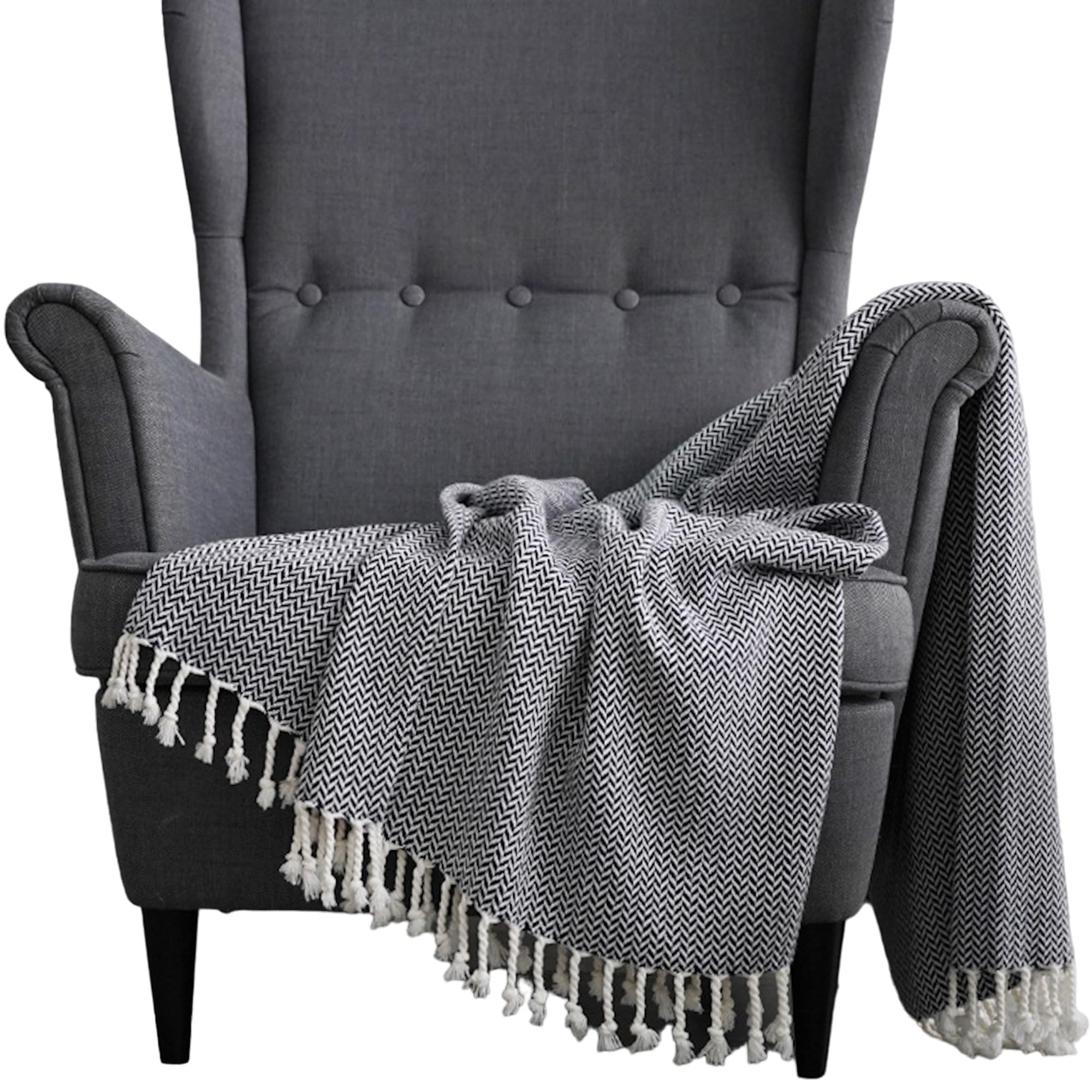 Laurel & Mason 100% Cotton Herringbone Throw Over Blanket for Chair Sofa Settee - Black & White 170 x 115cm