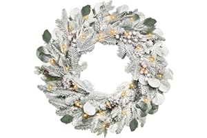 OZFHUA 22 Inch Artificial Flocked Wreath with Lights, Christmas Wreath for Front Door with Red Berries Pine Cones, Christmas Decorations for Outdoor Indoor Home Party Decor