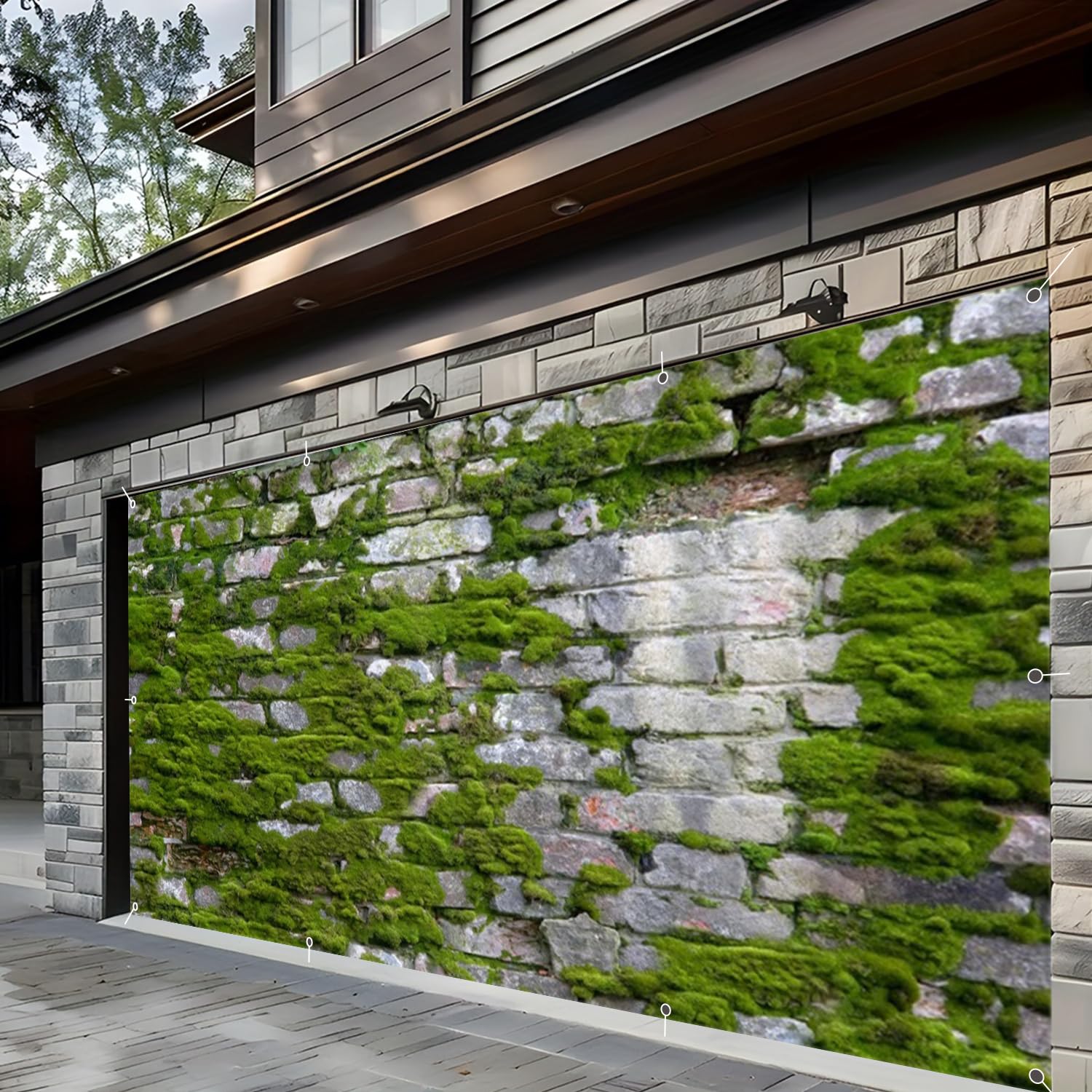 Photo 1 of 7x16ft Garage Door Decorations Mossy Stone Brick Wall Garage Door Covers Decorative for 2 Car Garages Moss Walls Spring Decoration Large Banners Outdoor Indoor