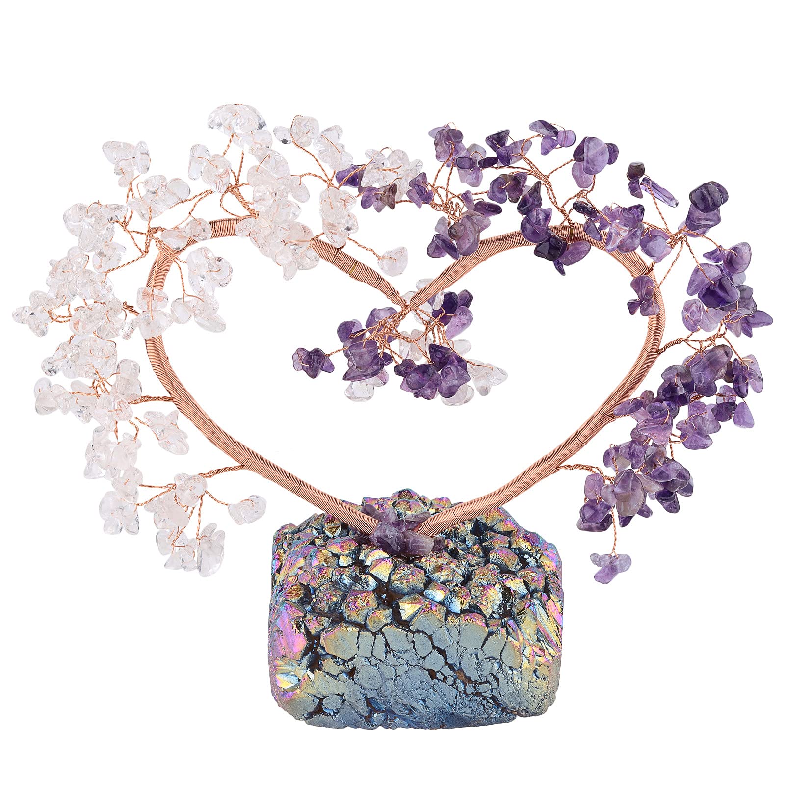 mookaitedecor Clear Quartz Amethyst Crystal Tree of Life Love Heart Crystal Bonsai Tree with Rainbow Aura Quartz Base Crystal Money Tree Healing Crystal Gifts, Love Heart Home Decor Love Ornament