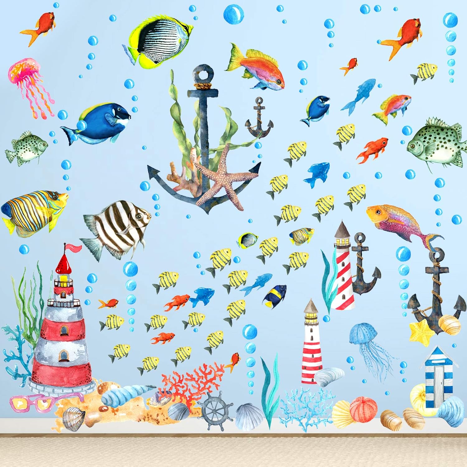116 Pieces Under The Sea Ocean World Wall Decals Ship Wall Stickers Removable Ocean Wall Decals Lighthouse Wall Decals Sea Creature Decal Sticker for Kids Room Girls Bedroom Playroom Nursery