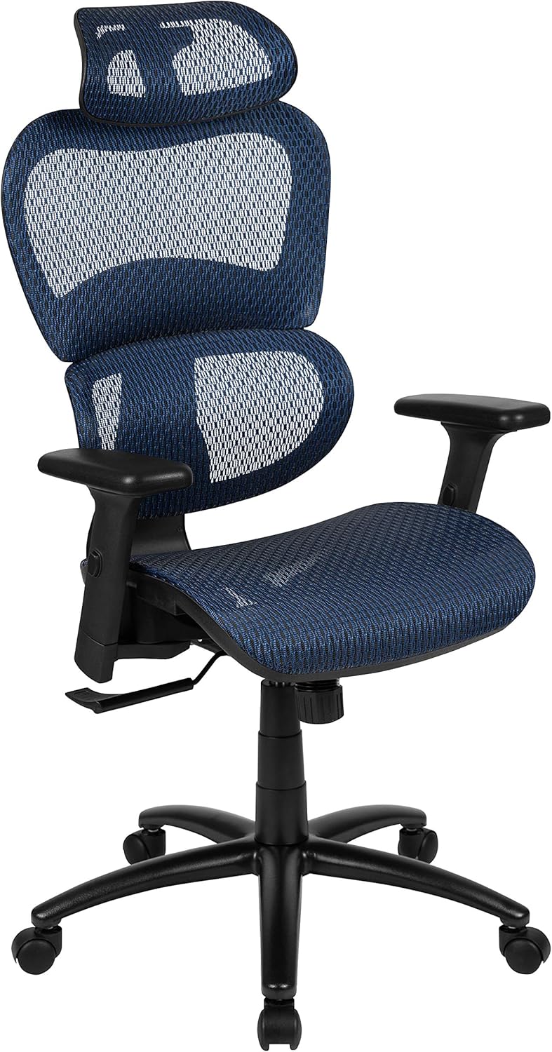 Flash Furniture Ergonomic Mesh Office Chair with 2-to-1 Synchro-Tilt, Adjustable Headrest, Lumbar Support, and Adjustable Pivot Arms in Blue