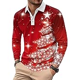 Mainfini Men's Christmas Polo Snowflake Tree Long Sleeve Holiday Business Casual Shirt (S-3XL)