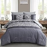 WONGS BEDDING Blue Comforter Set Queen, 7 Pieces Bed in a Bag Floral Geometric Patchwork Soft Microfiber Comforter Bedding Set with Comforter,Flat Sheet, Fitted Sheet, Pillow Shams,Pillowcases