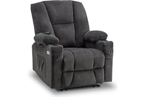 MCombo Fabric Electric Power Recliner Chair with Heat and Massage, Cup Holders, USB Charge Ports, Extended Footrest, Cloth Powered Reclining for Living Room 8015 (Not Lift Chair) (Grey)