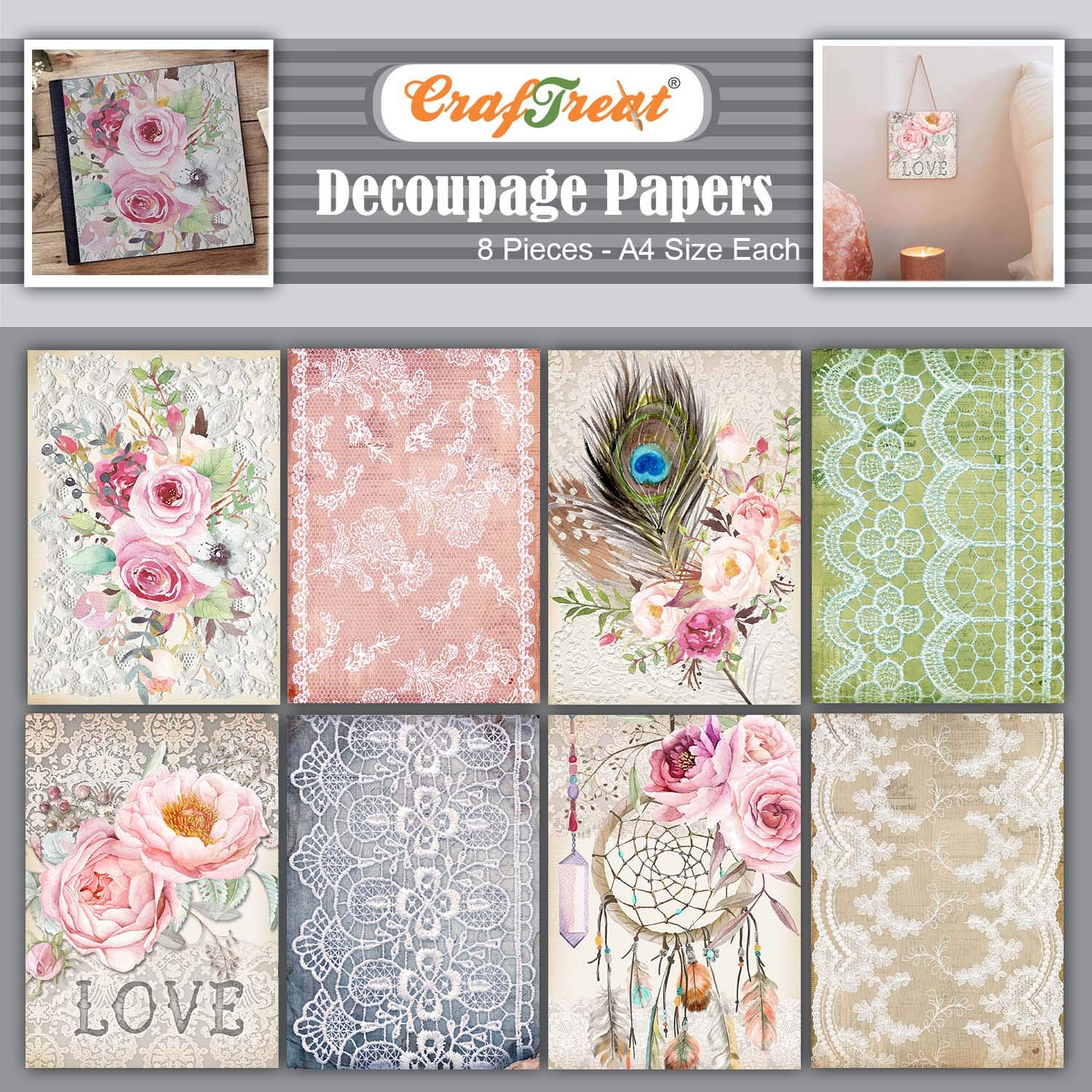 CrafTreat Reusable Boho Decoupage Paper for Crafts - Boho - Size: A4 (8.3 x 11.7 Inch) 8 Pcs - Furniture Decoupage Paper Boho - Decoupage Paper for Wood and Scrapbooking