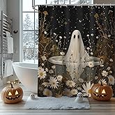 MEHOFOND Halloween Ghost and Wildflowers Shower Curtain for Bathroom Gothic Cute Spooky Ghost Waterproof Spatter Fabric Bathroom Sets with Hooks 72 x 72 Inch
