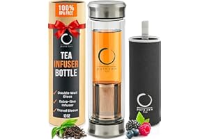 Pure Zen Tea Tumbler with Infuser - Double Wall Glass Travel Mug with Stainless Steel Filter - Leakproof Tea Infuser Bottle for Loose Leaf Infusions and Fruit Infused Water - Unique Gift Set - 13 oz