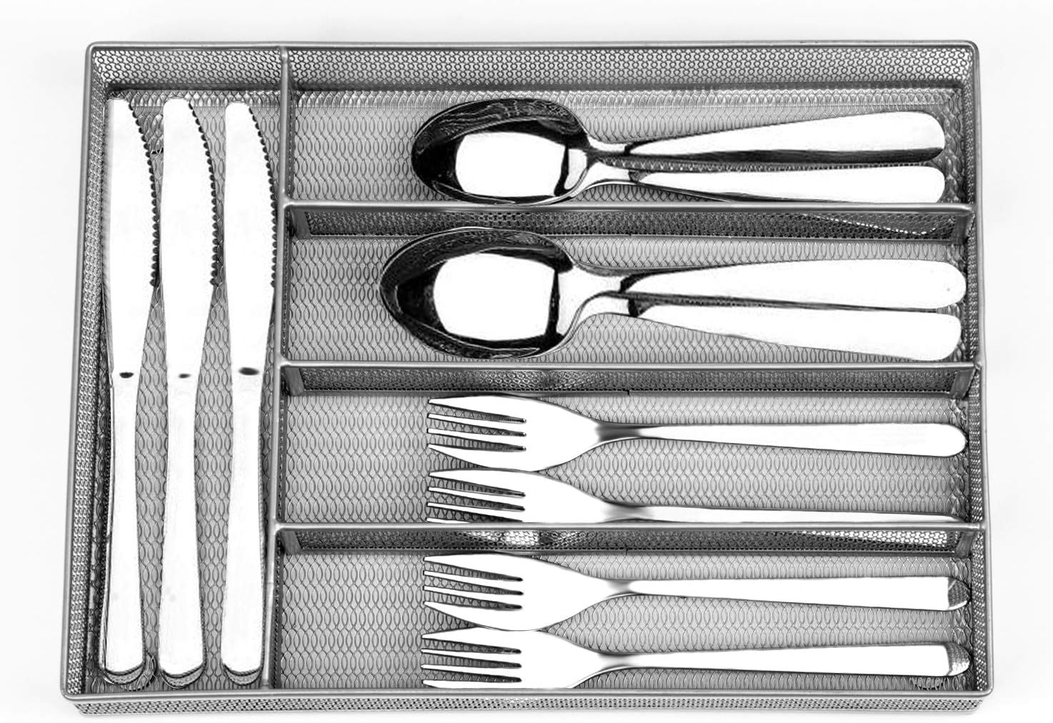 Flatware Tray Utensil Drawer Organizer Kitchen Utensil Cutlery Tray Mesh Designing with Foam Feet Multi Compartments Keep Desk Drawer and Office Supplies Well Organized (Silver): Kitchen & Dining