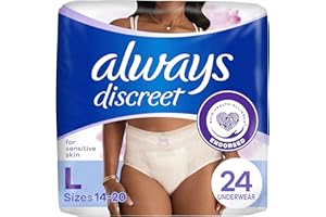 Always Discreet for Sensitive Skin Underwear, Four Times Skin Protection, Dermatologically Tested, Fragrance-Free, Maximum Absorbency, Large, 24 Count