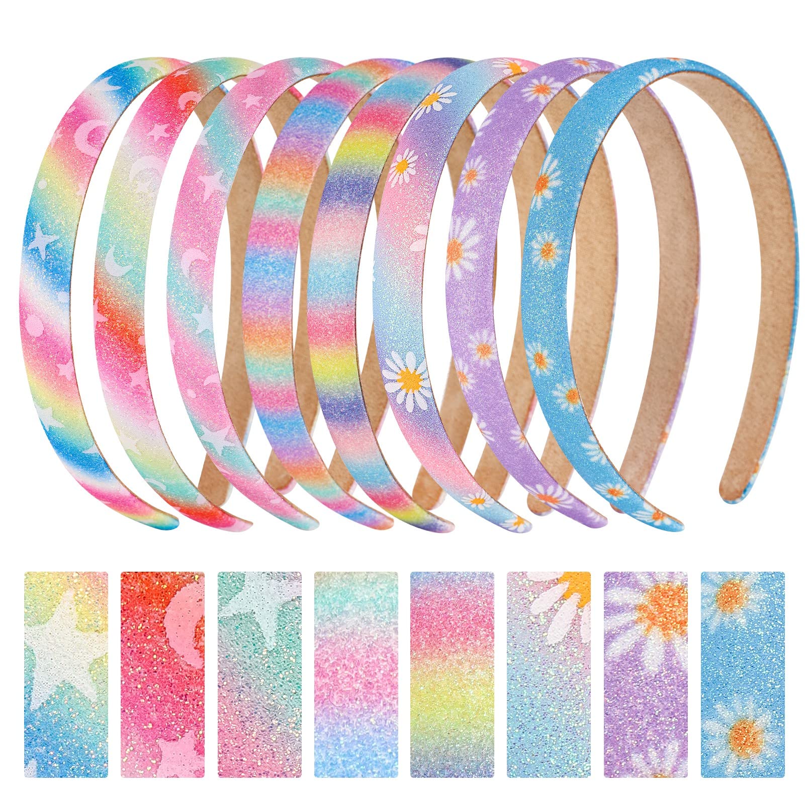 Girls Headband Glitter Head Band for Girls,Nenjindz 8Pcs Sequins Rainbow Headbands Glitter Hairband Sparkle Alice Bands,Bling Hard Headband with Flower Star for Kids Children Toddlers Teens Women