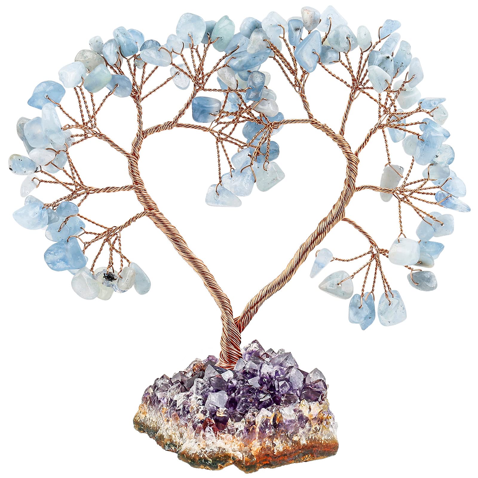 mookaitedecor Aquamarine Love Heart Crystal Tree with Amethyst Cluster Crystal Base, Healing Semi Precious Stone Money Tree Feng Shui Ornaments for Wealth Luck Wedding Desk Decor