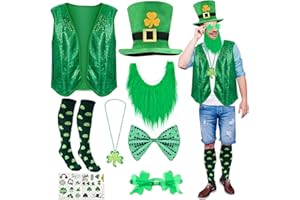 Abitoncc St Patrick’s Day Accessories Sequin Vest Leprechaun Costume Hat Green Faux Beard Glasses Shamrock Necklace Sock