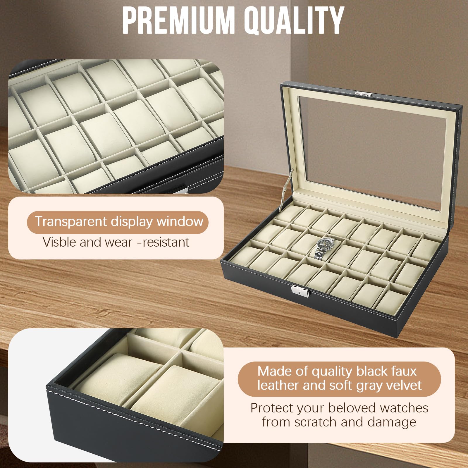 24 Slots Watch Box | Watch Case Display Organizer, Watch Display Case Glass Top for Men Women PU Leather Display Storage Collection Organizer Jewelry Case with Removable Pillows