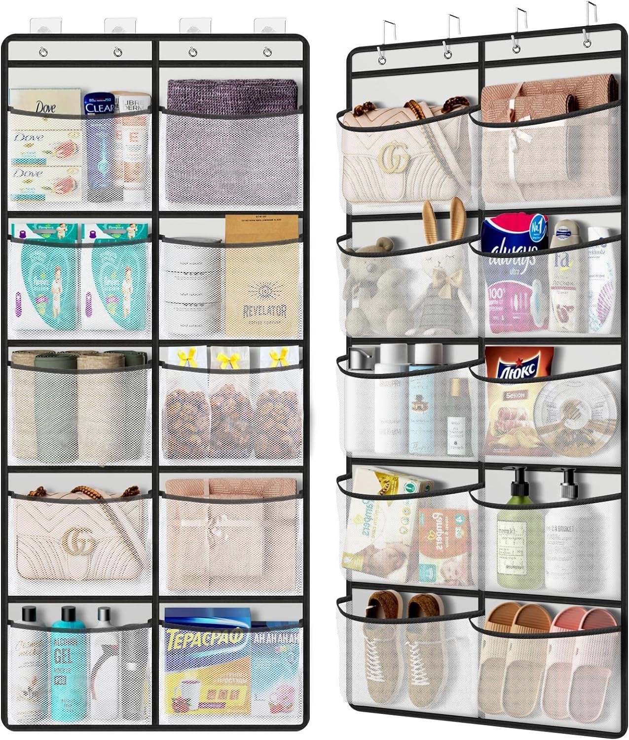 Minicoco Closet Hanging Organiser Hanging Cabinet with 10 Mesh Pockets for Wardrobe, Bedroom, Toys, Clothes, Shoes Large Capacity Shelf (with 4 Metal Hooks)