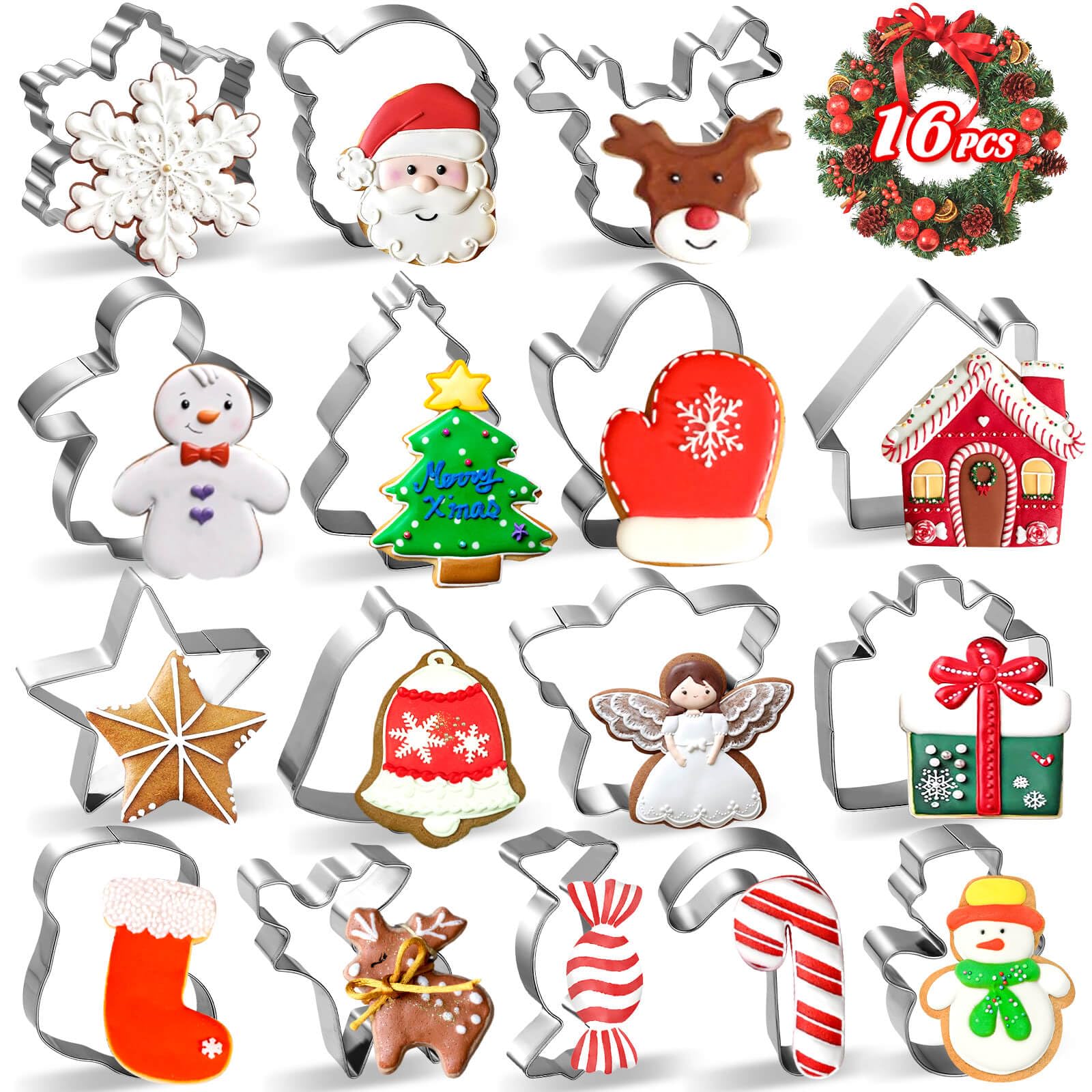 Photo 1 of 16PCS Christmas Cookie Cutters, Stainless Steel Metal Holiday Cookie Cutters Christmas Shapes, Mini Large Gingerbread, Snowflake, Christmas Tree, Sugar, Snowman