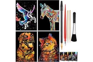 NAIHEY Scratch Art Rainbow Painting Paper Animal DIY Crafts Womens Hobbies Engraving Art Scratchboard for Adults & Teen, Birthday Gift Set 16” x 11.2” 4 Sheets (Cat/Dog/Zebra/Unicorn)