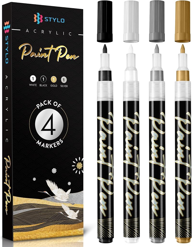 Stylo Metallic Acrylic Paint Pens Pack of 4 White Black Gold Silver