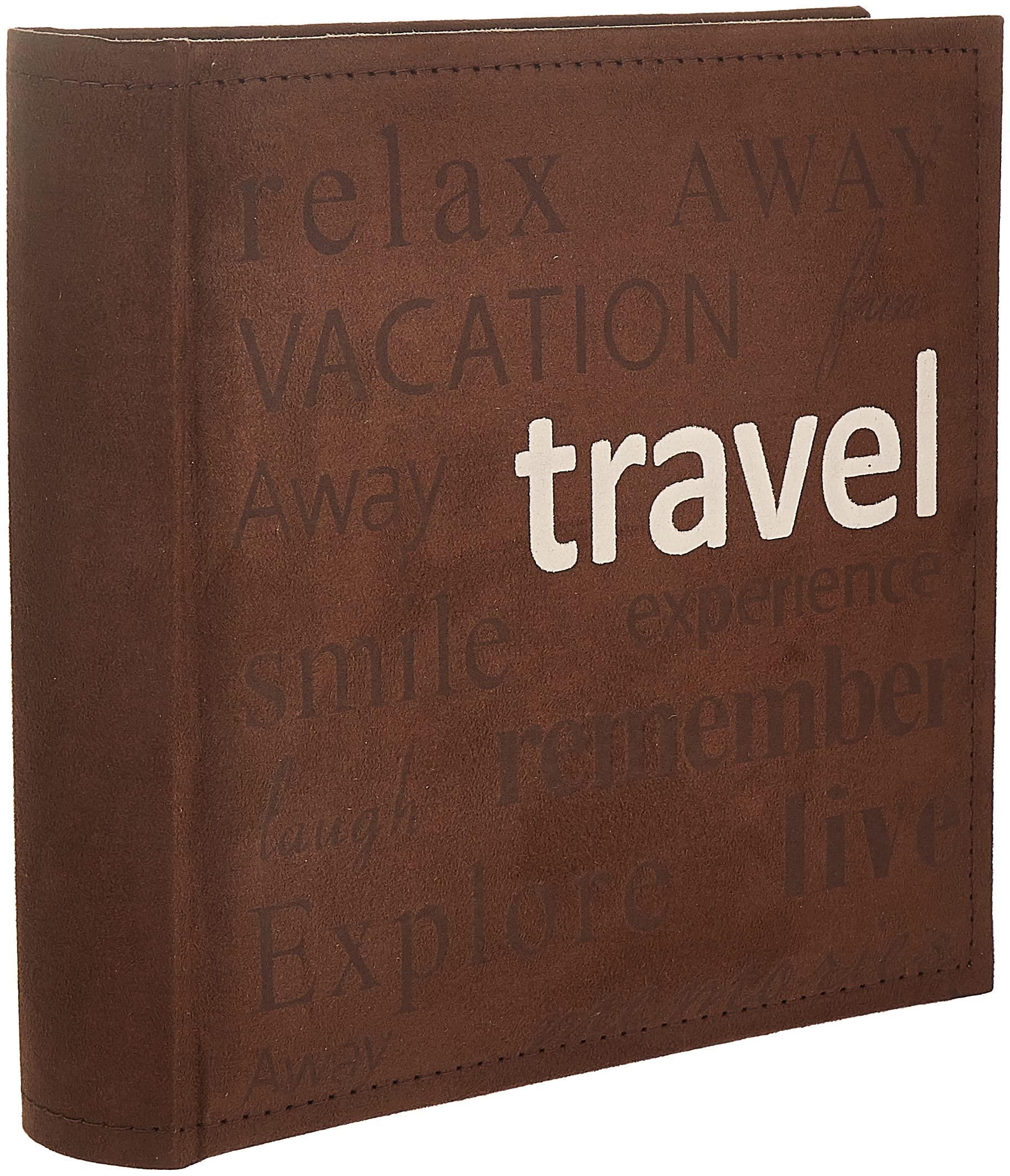 Pioneer "Travel" Text Design Sewn Faux Suede Cover Photo Album, Brown