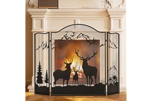 POWLAB 50" X 36'' Fireplace Screen - 3-Panel Wrought Iron Fire Guard with Deer Pattern, Rustic Foldable Cover for Indoor/Outdoor Hearth Safety