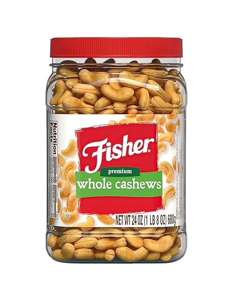 FISHER SNACK PREMIUM WHOLE CASHEWS, 24 OUNCES, ROASTED WITH SEA SALT, NO ARTIFICIAL COLORS OR FLAVORS, 100% RECYCLABLE